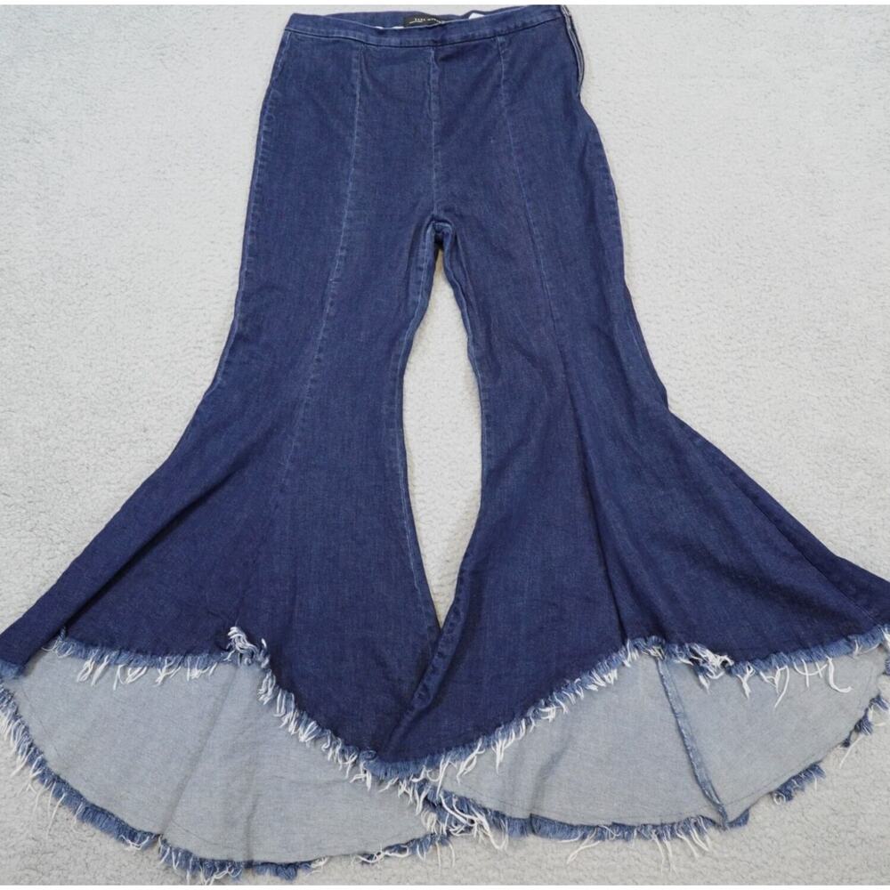 Zara Jeans Women’s Small Wide Leg Frayed Hems Asymmetrical Stretch Side Zip
